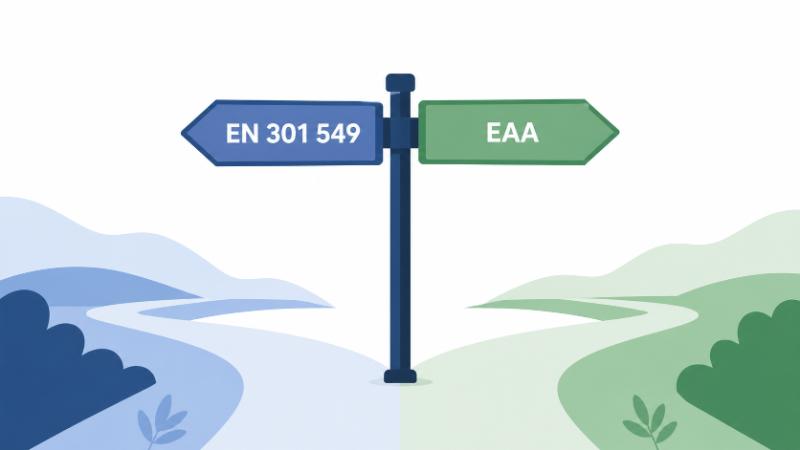 Illustration av en vägvisare som delar sig i två pilar åt olika håll, den ena märkt EN 301 549 och den andra märkt EAA, mot en lugn bakgrund i blått och grönt.